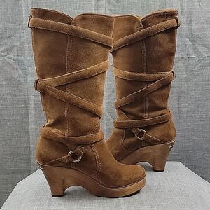 Michael Kors Tall Brown Suede Leather Strappy Wedge Heeled Slouch Boots SZ  6.5